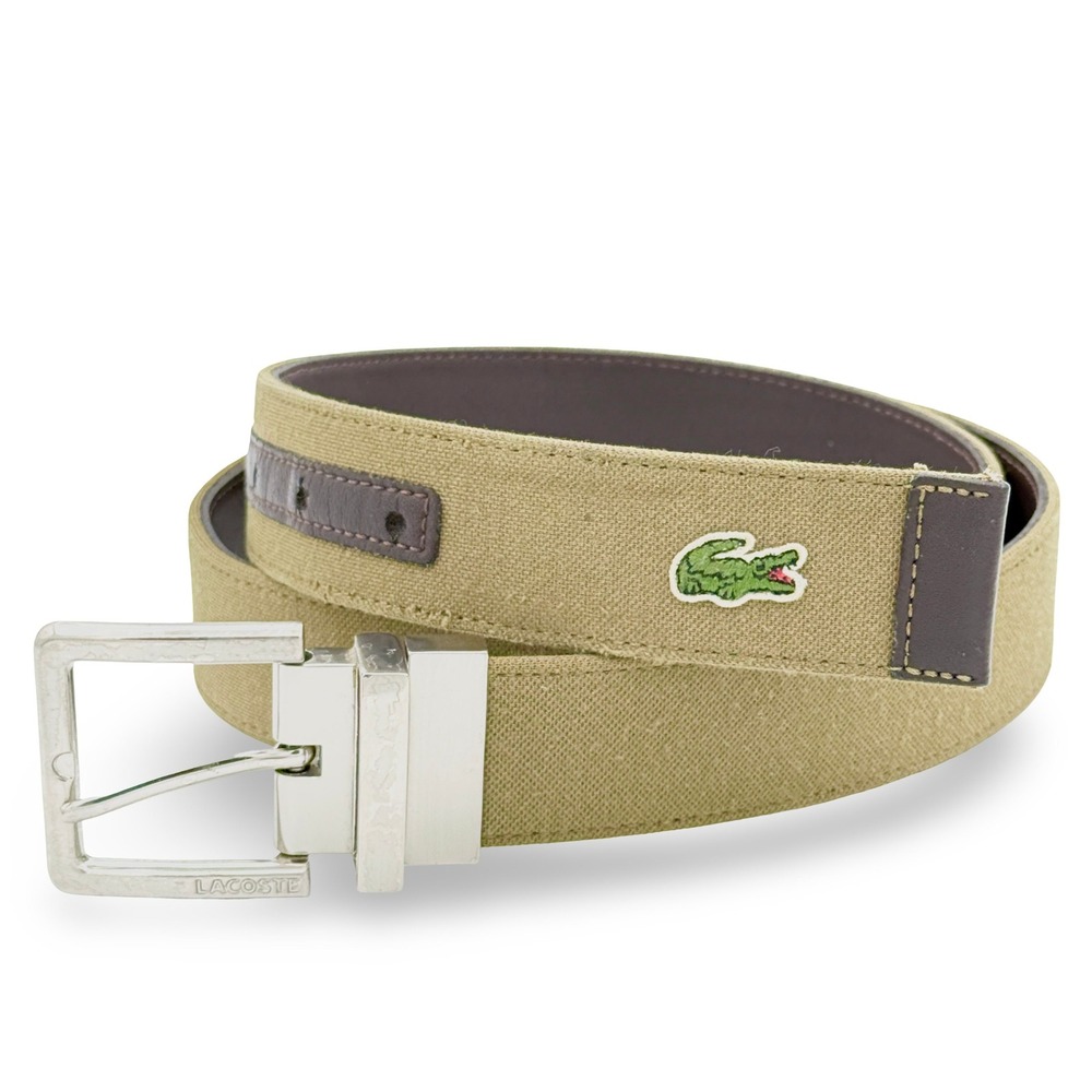 Lacoste Mens Reversible Woven Leather Belt 38 Olive Green Brown Crocodile Logo